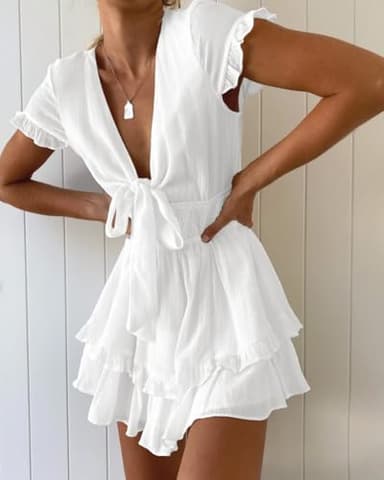 PRETTYGARDEN Women Summer Short Dress 2025 Casual V Neck Short Sleeve Tiered Bow Mini Sun Dresses Beach Vacation Sundress(White,Small) - Image 3