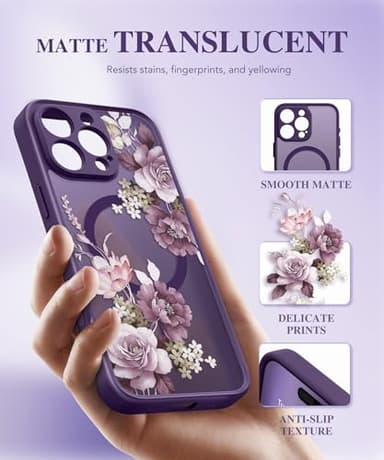GVIEWIN for iPhone 16 Pro Case Compatible with MagSafe, [Military Grade Protection] [2X Screen Protector] Full Camera Protection Floral Translucent Women Magnetic Phone Case, Cherry Blossoms/D. Purple - Image 5