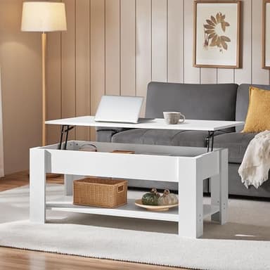 Yaheetech Lift Top Coffee Table with Hidden Compartment and Storage Shelf, Rising Tabletop Dining Table for Living Room Reception Room, 47.5in L, White - Image 2