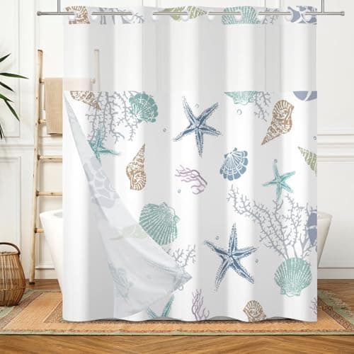 Meiguiman No Hook Shower Curtain Nautical Coastal Shower Curtain with Snap in Liner Set Ocean Beach Coral Starfish Bathroom Curtains No Hook Double Layers Fabric Washable 71x74 Inch - Image 1