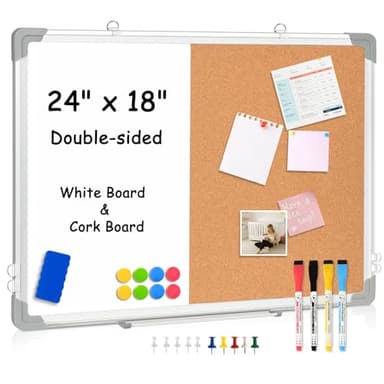 AMUSIGHT 24" x 18" Dry Erase Board & Cork Board Combo for Wall, Magnetic Double-Sided White Board Cork Board Combination Hanging Whiteboard for Planning, Memo, School, Home, Office - Image 1