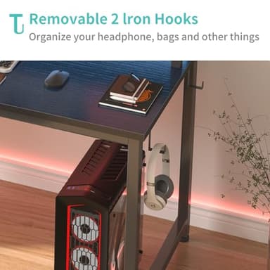 Lufeiya Black Gaming Desk with LED Lights and Power Outlets, 40 Inch Teen Writing Study Table Home Office Desks with Monitor Stand, Computer Desk with Charging Station USB Port, Black - Image 9