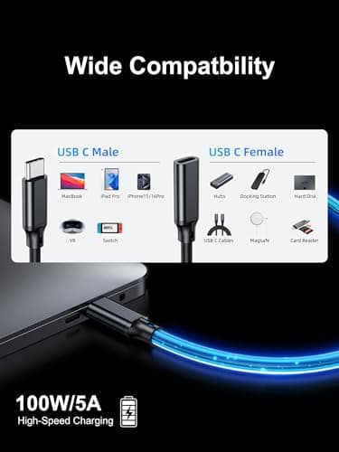 Short USB C Male to Female Extension Cable 1.6FT,Type C USB 3.1 Gen 2 10Gbps Data Transfer 100W Charging Compatible with MacBook Pro,iPad Pro,Switch,Dell XPS,Surface Go,Hub,Docking station,PSVR2 - Image 4