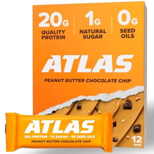 Atlas Bar – 20g Protein, 1g Sugar, 0g Seed Oils, 0g Artificial Sweeteners (12 Count, Peanut Butter Chocolate Chip) - Image 1