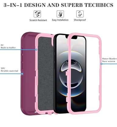ouyncase Phone Case for iPhone 16e Case with HD Screen Protector, Heavy Duty Shockproof & DustProof & Dropproof 3-Layer Cover Phone Case for iPhone 16e,WineRedPink - Image 5