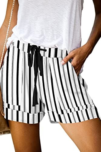 Womens Pull On Lounge Shorts Comfy Drawstring Elastic Waist Casual Pocketed Shorts,Stripe White M - Image 1