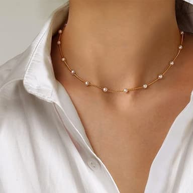 Layered Gold Pearl Necklaces for Women, 14K Gold Plated Dainty Layered Single Pearl Necklace Simple Pearls Choker Chain Necklace Gold Layered Necklaces for Women Trendy Jewelry Gifts - Image 4