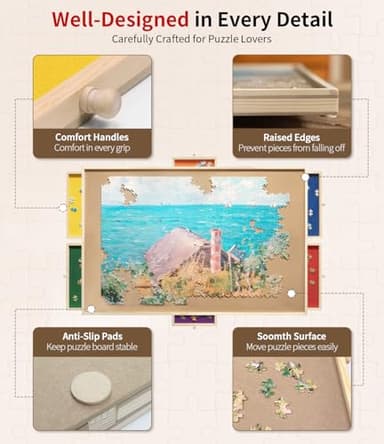 Rnice 1500 Piece Rotating Puzzle Board Pro, with 6 Drawers, Rubber Cover Mat, 34" x 25", 360° Lasy Susan, Sort-Wise Colorful Felt Drawers & 4 Trays, Wooden Jigsaw Puzzle Table, Birthday Gifts for Mom - Image 5