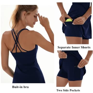 Tennis Dress for Women Workout Dress with Built-in Bra & Shorts Pockets for Athletic Exercise Golf, Navy, S - Image 4