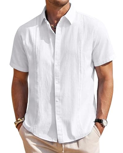 Mens Linen Shirts Short Sleeve Button Down Shirt Casual Cuban Guayabera Lightweight Summer Beach Solid Tops White - Image 1