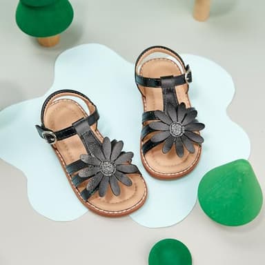 Flaryzone Toddler/Little Girls' Daisy Flower Wedding Dress Summer Flat Sandals (Black, Little Kid-Size 12) - Image 2