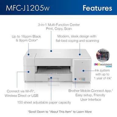 Brother MFC-J1205W INKvestment -Tank Wireless Multi-Function Color Inkjet Printer with Up to 1-Year in Box, Works with Alexa - Image 3