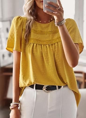 Falechay Tunic Tops to Wear with Leggings Bohemian Women's Tunic Tops Lace Crochet Yellow Shirts for Women Crew Neck Short Sleeve Women's Blouses L - Image 4