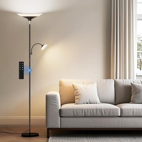 SIBRILLE Upgraded 2-in-1 Torchiere Floor Lamp, Dimmable Standing Lamp with Remote&Touch Control, 34W Brightness Adjustable Floor Reading Light, Black Modern Corner Lamp for Living Room Bedroom Office - Image 1