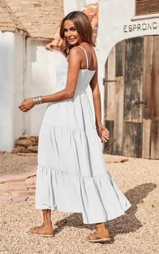 PRETTYGARDEN Women's Summer Maxi Dress 2025 Casual Boho Sleeveless Spaghetti Strap Smocked Tiered Long Beach Sun Dresses (White,S) - Image 4