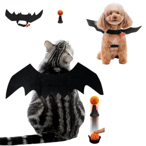 Halloween Dog Cat Bat Wings Costume, Halloween Cute Apparel Cosplay Party Decoration, Dress-Up, Pumpkin Head Jumping Popper Bouncing Toy and Pumpkin Bells Combo for Cat Dogs Puppy Kitty, Black - Image 1
