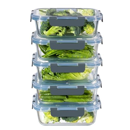 MFY 5-Pack 36 OZ Glass Storage Containers with Lids, Glass Meal Prep Containers Set, Airtight Lunch Containers with Lids, Microwave, Oven, Freezer and Dishwasher Safe, Gray - Image 1