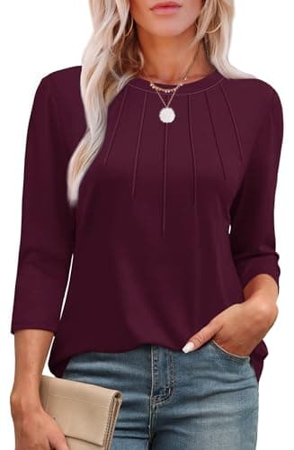 XIEERDUO 3/4 Length Sleeve Womens Tops Dressy Casual Crewneck Pleated Tunic Tops Loose Fit Burgundy M - Image 1