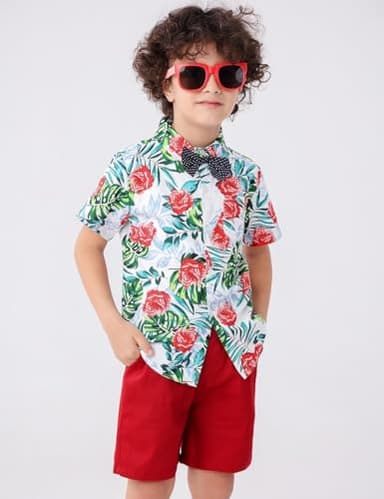 JunNeng Toddler Baby Boy Shorts Sets Hawaiian Outfits,Tropical Floral Short Sleeve Shirt +Elastic Shorts Vacation Clothes,Navy Blue 4-5 Years - Image 3