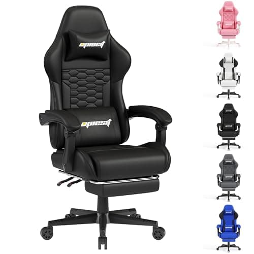 Opiesit Gaming Chair, Computer Office Chair with Footrest, Linkage Armrests and Lumbar Support, High Back Ergonomic Gamer Chairs for Adults, Black PU Leather - Image 1