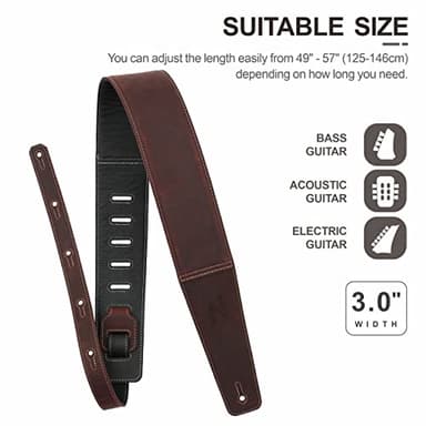 Nefelibata 3" Guitar Strap in First Layer Leather with Foam Padding and Cable Storage Loops for Bass, Electric and Acoustic Guitars (Vintage Burgundy) - Image 7
