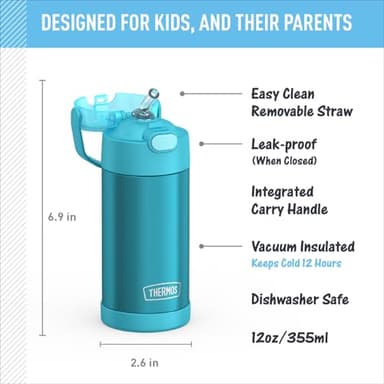 THERMOS FUNTAINER Water Bottle with Straw - 12 Ounce - Kids Stainless Steel Vacuum Insulated Water Bottle with Lid, Teal - Image 2