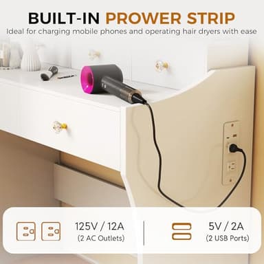 COMHOMA Makeup Vanity Desk with Mirror and Lights, Vanity Table and Chair Set with 5 Drawers and Charging Station, Bedroom Dresser LED Mirror Stepless Dimmable & 3 Color Modes Adjustable, Pure White - Image 5