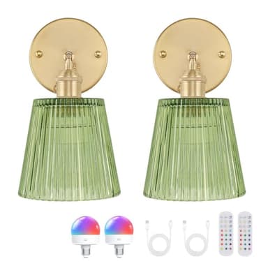 Shenmoyl Vintage Battery Operated Wall Sconce with Green Stripe Glass Lampshade Rechargeable Battery Powered Wall Light with Remote Control for Bedside Bedroom Doorway, Set of 2 - Image 1
