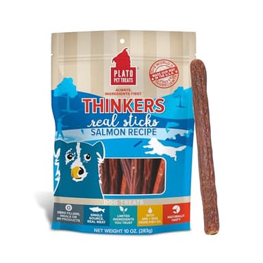 Plato Pet Treats Air Dried Dog Treats Salmon Thinkers Sticks, Natural Dog Treats, Real Meat, Air Dried, Made in the USA, 10oz - Image 1