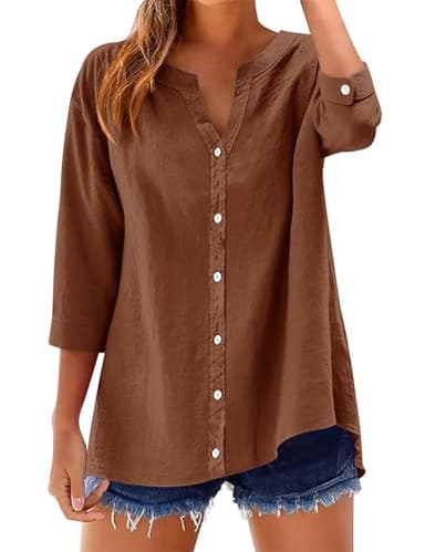 LOMON Womens Button Down Shirts 3/4 Sleeve Cotton Linen Roll Up Short Sleeve Tops V Neck Loose Work Blouse Brown XL - Image 1