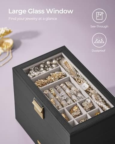 SONGMICS Stackable Jewelry Trays, 4-Tier Jewelry Box, Drawer Jewelry Organizer, with Glass Lid, Removable Dividers, for Vanity Table, 6.7 x 11 x 7.2 Inches, Gift Idea, Ink Black UJBC164B01 - Image 9