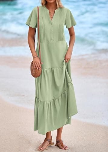 KIRUNDO Summer Maxi Dresses for Women 2025 Spring Fashion Short Sleeve Button V Neck Pleated Loose Tiered Swing Flowy Dress(Bean Green, X-Large) - Image 6