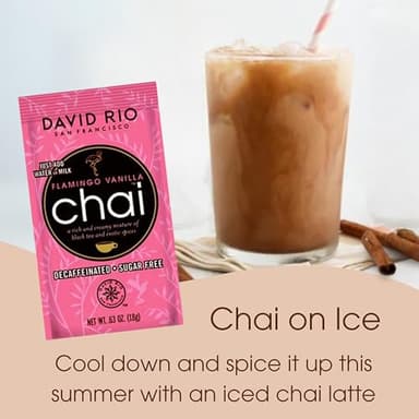 Flamingo Vanilla Decaffeinated Reduced Calorie Chai Tea Latte Mix, 0.63 Oz (Pack of 48), Single Serve Packets, Decaf Black Tea, Organic Spices, Sugar Free, Dairy Free, Serve Hot or Cold - Image 4