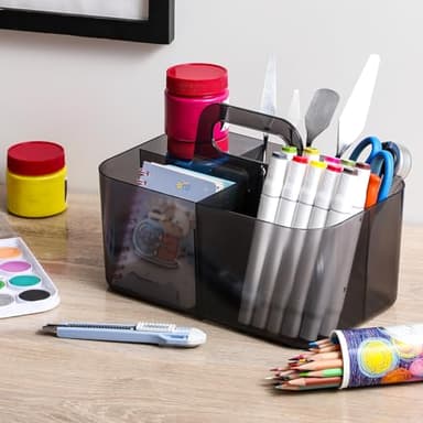 Multiuse Caddy Organizer with Handle - Stackable Plastic Bin - Divided Storage Tote Holder for Art Craft Supplies, Makeup, Bathroom, Shower, Cleaning, Kitchen, Office, Dorm, Desktop - Clear Black - Image 3