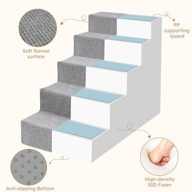 Heeyoo Dog Stairs for Small Dogs,5-Step Dog Steps for High Bed and Couch, High-Density Foam Pet Steps with Supporting Board, Non-Slip Removable Washable Cover, Grey - Image 3