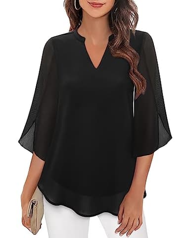 Bebonnie Womens Blouses for Work Professional,3/4 Bell Sleeve Tops and Blouses Plus Size Office Date Night Wear Business Casual V Neck Chiffon Professional Interview Clothes Black XXL - Image 1