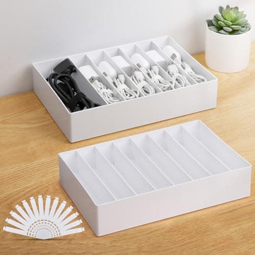 PAVSTINE 2 Pcs Large Cable Organizer Box with Wire Ties,Plastic Charger Organizer box with 8 Compartments,Stackable Cord Organizer Box for Office,Home,Desk Drawer Stationery Supplies Storage,White - Image 1