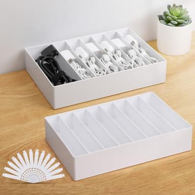 PAVSTINE 2 Pcs Large Cable Organizer Box with Wire Ties,Plastic Charger Organizer box with 8 Compartments,Stackable Cord Organizer Box for Office,Home,Desk Drawer Stationery Supplies Storage,White - Image 1