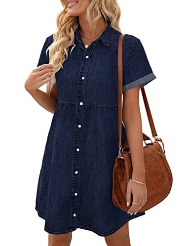 LookbookStore Denim Dress for Women Summer Women's Blue Jean Dress for Summer Short Sleeve Babydoll Dress with Lapel Collar Button Down Dress Loose Denim Dress for Women Casual Twilight Blue Size L - Image 1