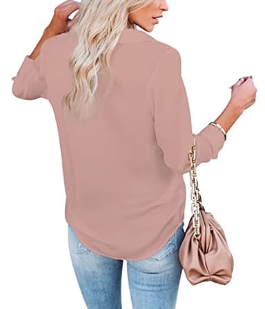 Diosun Womens Button Down V Neck Shirts Long/Short Sleeve Office Casual Business Plain Blouses Tops (Small, Dark Pink) - Image 2