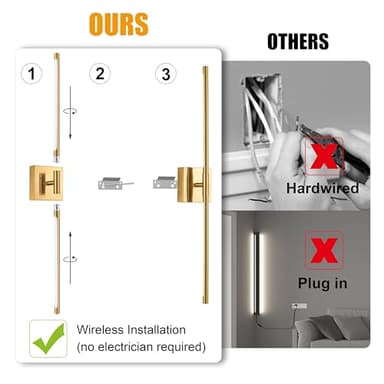 Morauroral Gold Battery Operated Wall Sconces, Dimmable Wall Sconces with Remote Control, Rechargeable Sconces Wall Lighting, 24″ LED Wireless Wall Lights for Bedroom, Living Room, Bathroom, Hallways - Image 5