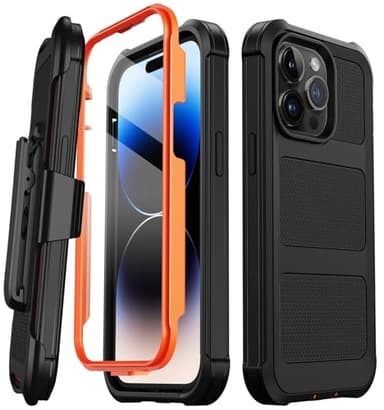 Stroson for iPhone 14 Pro Max Case, [Built-in Screen Protector] Heavy Duty Military Grade Drop Protection Cover Shockproof Phone Case for iPhone 14 Pro Max with Kickstand & Belt Clip Holster (Orange) - Image 1