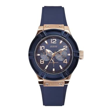 GUESS Women's Rose Gold-Tone Dial with Iconic Blue Stain Resistant Silicone Strap (Model: U0571L1) - Image 1