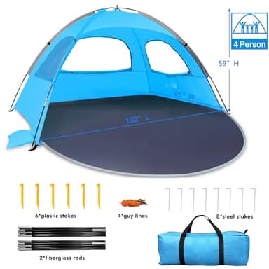 WhiteFang Beach Tent Anti-UV Portable Sun Shade Shelter for 4 Person, Extendable Floor with 3 Ventilating Mesh Windows Plus Carrying Bag, Stakes and Guy Lines (Blue) - Image 7
