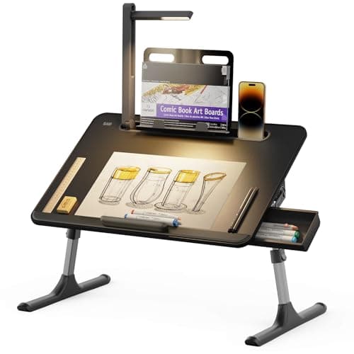 Laptop Table with LED Desk Light, SAIJI Laptop Stand for Bed, Height Adjustments Bed Desk with Book Stand for Reading Writing Drawing (Black) - Image 1