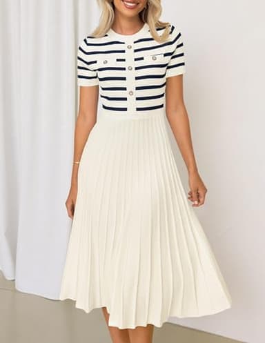 ZESICA Women's 2025 Casual Striped Midi Dress Crewneck Short Sleeve Button Ribbed Knit Swing Pleated A Line Dresses,Beige,Small - Image 7