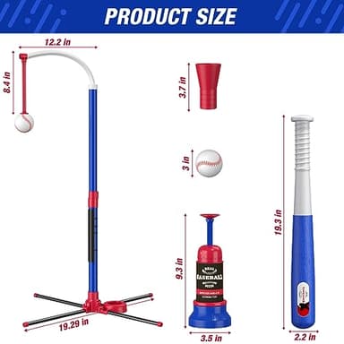 HYES 3-in-1 Baseball Set for Kids 3-5 - Tee Ball Stand, Hanging Tee, Ball Launcher and 6 Softballs - Adjustable Height, Indoor/Outdoor Sport Gifts for Boys Girls, Blue - Image 9