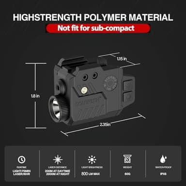 Solofish 800 Lumens Pistol Light Laser Combo, Strobe Function for Green/Red/Blue Laser and Tactical Light with Slidable Rail Fits Guns w/Rail - Image 3