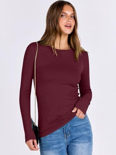 ANRABESS Women Long Sleeve Shirts Rib Knit Slim Fit Tops Basic Tee 2025 Fall Outfits Casual T-Shirt Underscrubs Layer Clothes Deep Red Large - Image 4