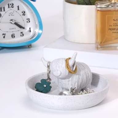 Awsaccy Highland Cow Ring Holder with Circular Dish, Plastic Farmhouse & Bohemian Style Marble Cute Unique Women Gifts Stuff Ring Jewelry Plate Organizer for Bathroom Office Home Room Desk Decor - Image 5